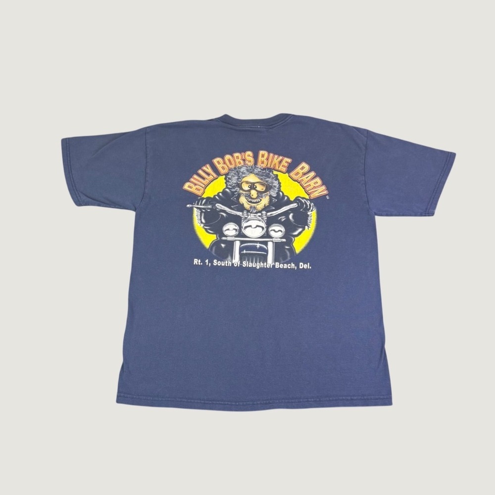 Vintage Billy Bob's Bike Barn T-Shirt Mens Large Navy Blue Biker Graphic Tee